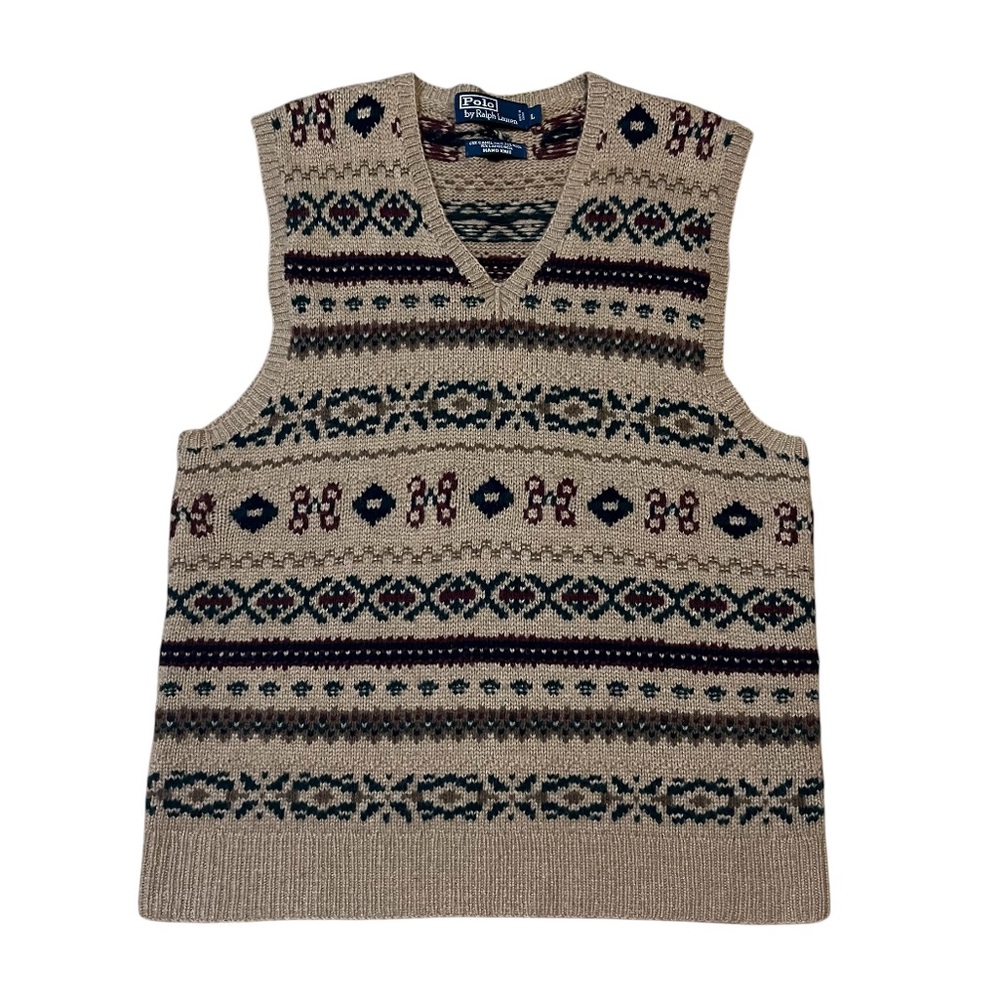 Polo Ralph Lauren Knit Sweater Fair Isle Vest Wool Camel Hair size Large Vintage